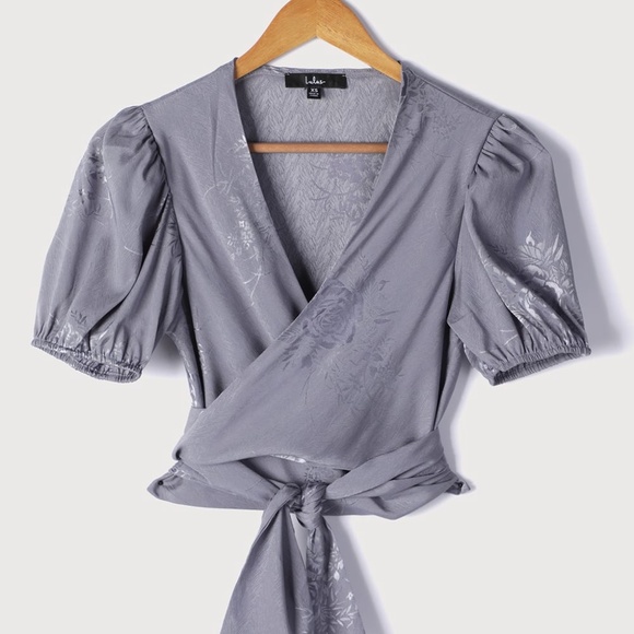 Lulus Dusty Blue Satin Puff Sleeve Tie-Top - Picture 3 of 4